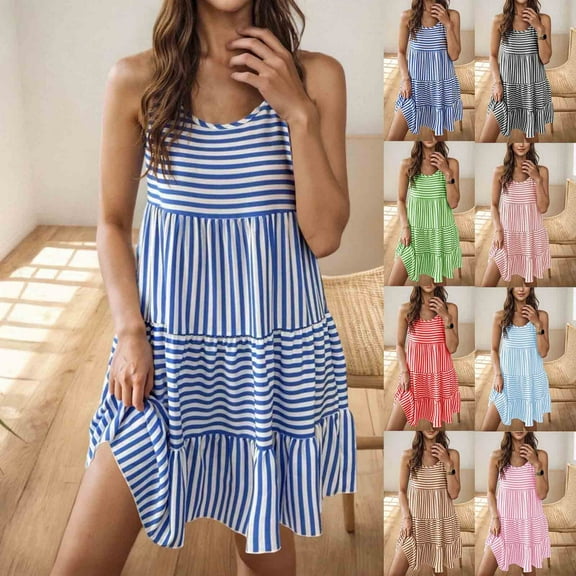 Meichang Womens Summer Dresses for Women Casual Crewneck Sleeveless Striped Mini Dress Beach Vacation Flowy Ruffle Pleated Short Sundresses