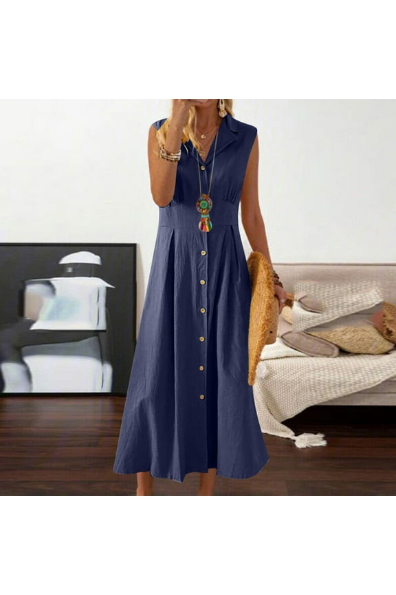 Womens Summer Linen Dresses Sleeveless Button Down Maxi Shirt Dress Casual Lapel V Neck A-Line Dresses Long Work Dress