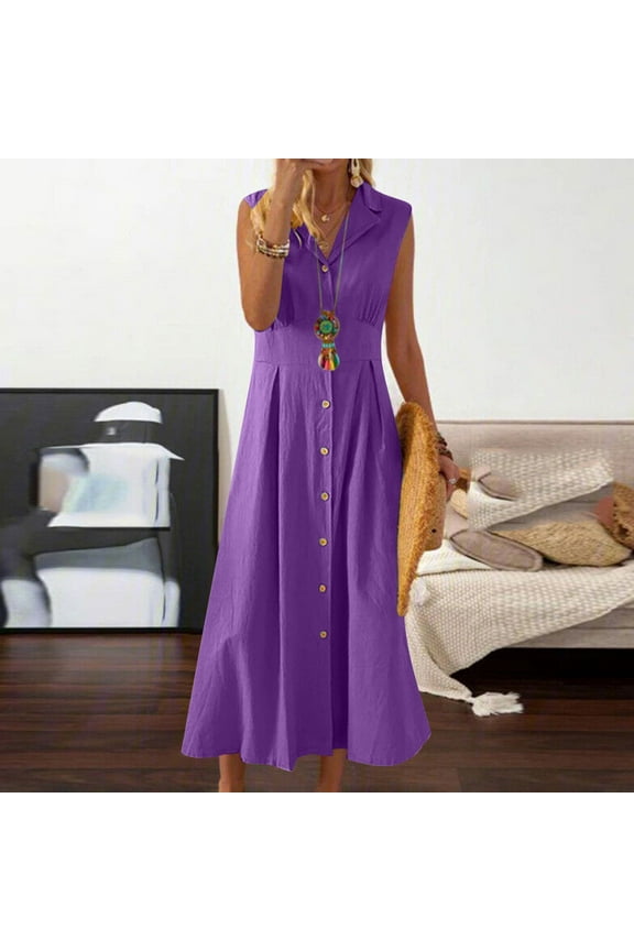 Meichang Womens Summer Linen Dresses Sleeveless Button Down Maxi Shirt Dress Casual Lapel V Neck A-Line Dresses Long Work Dress
