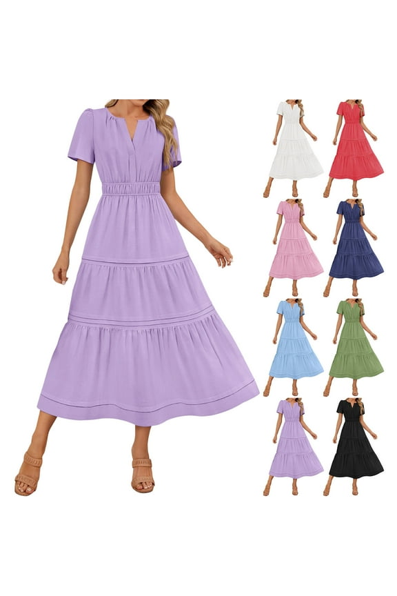 Womens Summer Maxi Dress Short Sleeve Notch V Neck A Line Long Dress with Elastic Waisted Flowy Beach Vacation Party Dresses