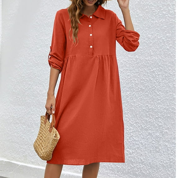 Meichang Womens Summer Shirt Dresses Casual Cotton Linen Dresses Roll Up Half Sleeve Button Up Collar Knee Length Dresses Beach Tunic Dress