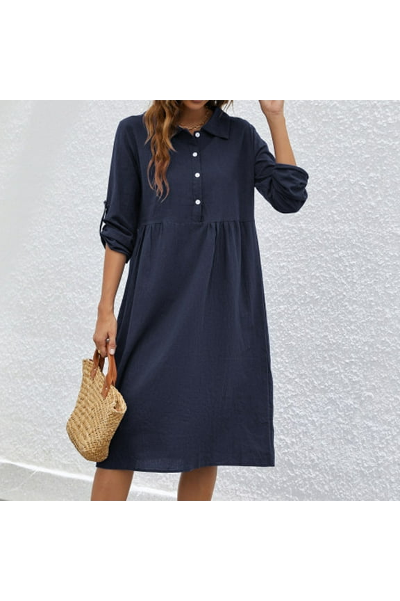 Womens Summer Shirt Dresses Casual Cotton Linen Dresses Roll Up Half Sleeve Button Up Collar Knee Length Dresses Beach Tunic Dress