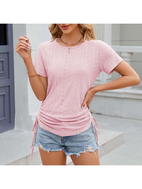 Womens Summer Tops 2024 Trendy Short Sleeve Eyelet T Shirts Side Tie Drawstring Crew Neck T-Shirts Solid Color Casual Basic Blouses Shirts Pink XXL