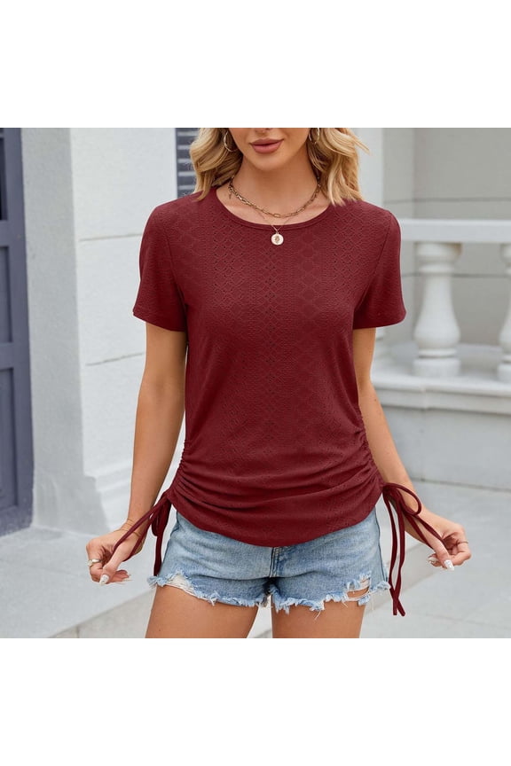 Womens Summer Tops 2024 Trendy Short Sleeve Eyelet T Shirts Side Tie Drawstring Crew Neck T-Shirts Solid Color Casual Basic Blouses Shirts Red XL