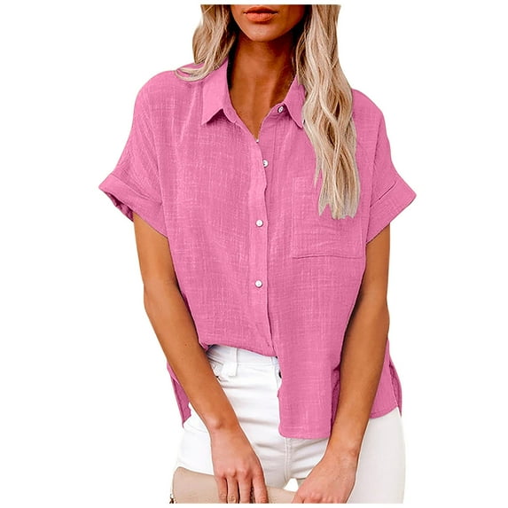 Meichang Womens Summer Tops Solid Casual Linen Button Down Shirts Short Sleeve Lapel Collared Plus Size Tee Shirts with Pocket Work Tops Pink XXXXL