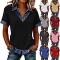 thumbnail image 1 of Meichang Short Sleeve Denim Patchwork Shirts for Women Summer Tops Dressy Casual Collar Button V Neck Henley Shirt Loose Fit Work Blouse Tunic Top, 1 of 7