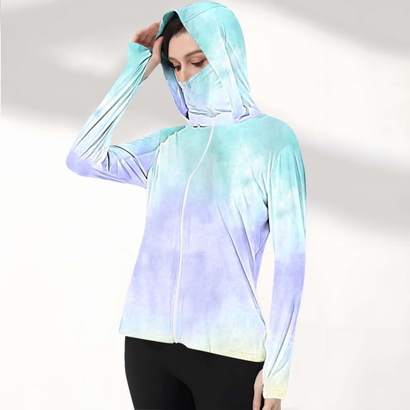 Meichang Womens Sun Shirts Full Zip Sun Protection Hoodie Jacket Gradient Tie Dye Long Sleeve Summer Hiking Outdoor Lightweight Hooded Jackets with Thumb Hole