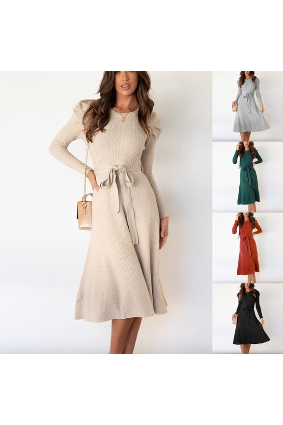 Womens Sweater Dress Casual Puff Long Sleeve Crew Neck Knit Dress with Tie Waist A-Line Midi Dresses Fall Winter Soft Pullover Sweater Dresses