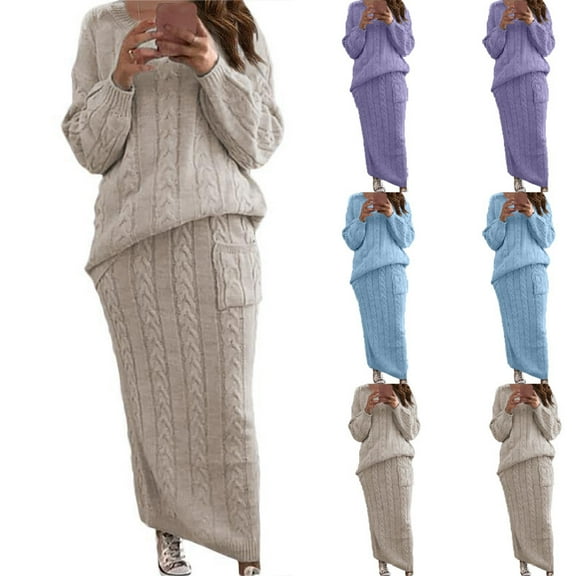 Meichang Womens Sweater Sets Winter Chunky Cable Knit Set Long Sleeve Crew Neck Sweater Top and Long Pencil Skirt Sets Casual 2 Piece Outfits