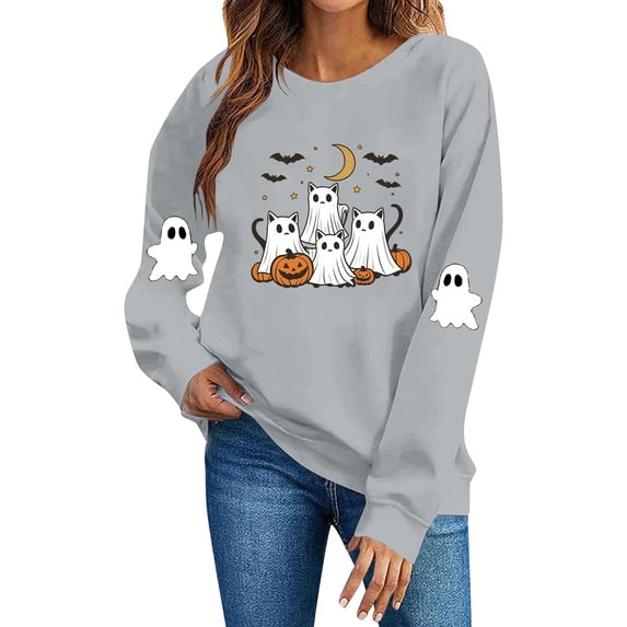 Meichang Womens Sweatshirt Halloween Ghost Graphic Sweatshirt Crewneck Long Sleeve Fall Pullover Party Tops Matching Family Halloween Sweatshirts