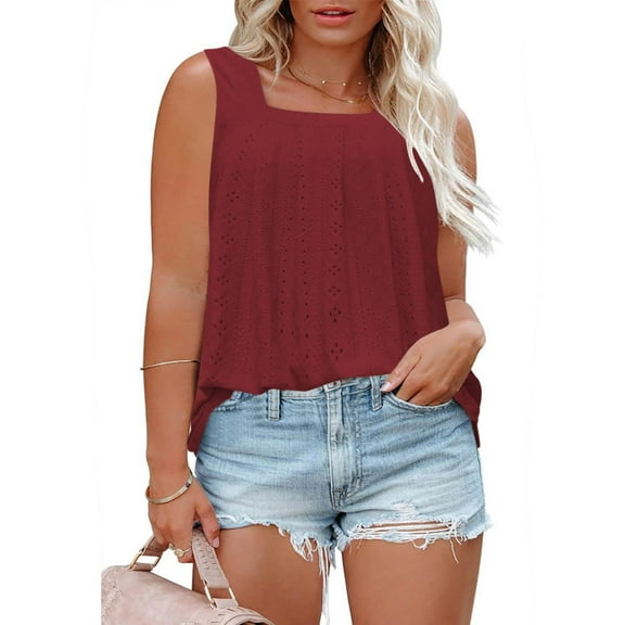 Meichang Womens Tank Tops Square Neck Eyelet Embroidery Sleeveless Shirts Solid Loose Fit Casual Summer Flowy Cami Tops Plus Size Wide Strap Camisoles Wine XXXXXL