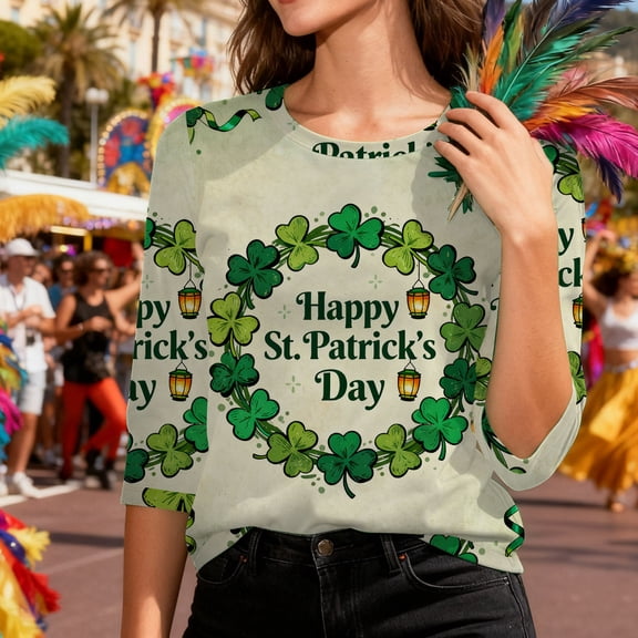 Meichang Womens Tops 3/4 Sleeve St Patricks Day Shirts Shamrock Graphic Tees Holiday Crew Neck Casual Spring Blouses