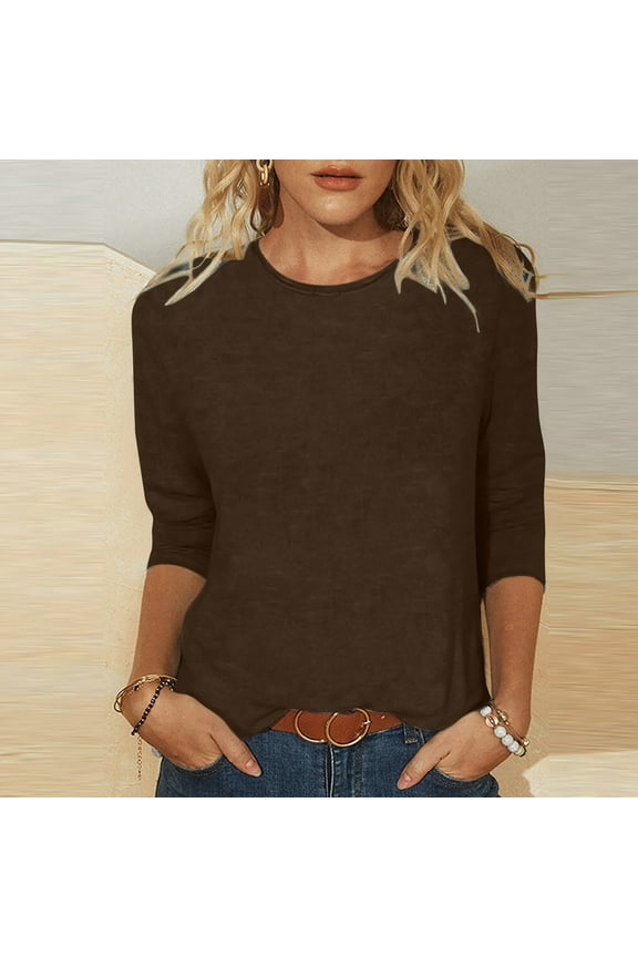 Womens Tops 3/4 Sleeve Summer Solid Color Going Out Tops Crewneck Slim Fit Plain Tshirts Shirts Spring Blouse