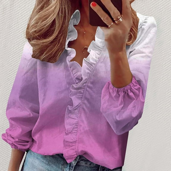 Meichang Womens Tops Dressy Casual Ruffle V Neck Gradient Blouses Business Work Puff Long Sleeve Shirt Summer Lantern Sleeve Tunic Tops Plus Size