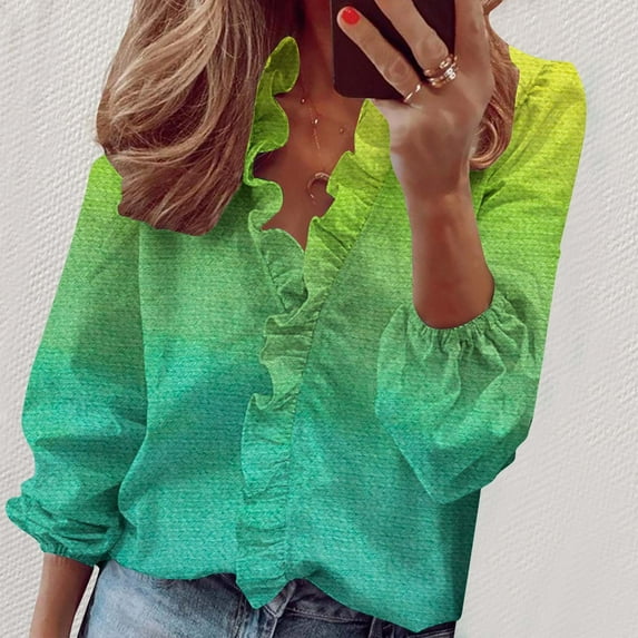 Meichang Womens Tops Dressy Casual Ruffle V Neck Gradient Blouses Business Work Puff Long Sleeve Shirt Summer Lantern Sleeve Tunic Tops Plus Size