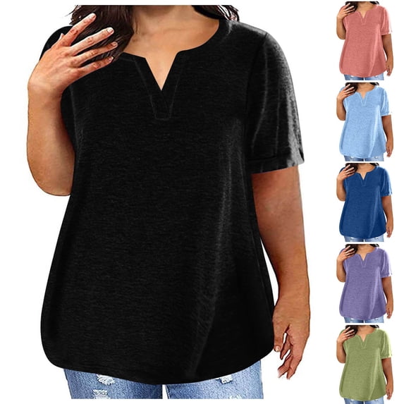Meichang Summer Plus Size Tops for Women Loose Fit Short Sleeve T-Shirt Solid Notch V Neck Work Tops Dressy Casual Lightweight Going Out Clothes