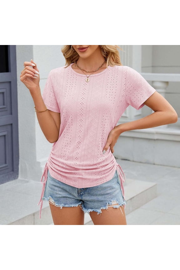 Womens Summer Tops 2024 Trendy Short Sleeve Eyelet T Shirts Side Tie Drawstring Crew Neck T-Shirts Solid Color Casual Basic Blouses Shirts Pink M