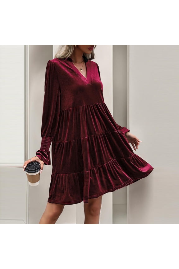 Womens Velvet Dress V Neck Long Sleeve A Line Ruffle Tiered Mini Dresses Flowy Babydoll Dresses formal Wedding Party Cocktail Dress