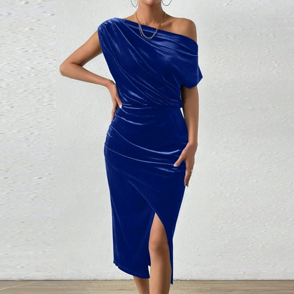 Meichang Womens Velvet Dress formal Prom One Shoulder Vintage Slit Bodycon Midi Dress Elegant Cocktail Wedding Party Evening Pencil Dress