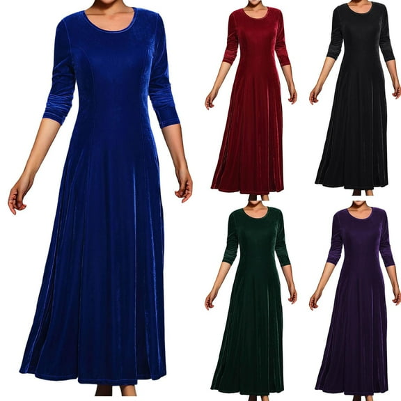 Meichang Womens Velvet Maxi Dress Long Sleeve Crew Neck Long Mother of The Bride Dresses Wedding Guest Dresses Cocktail Evening Ball Gown Formal Dress