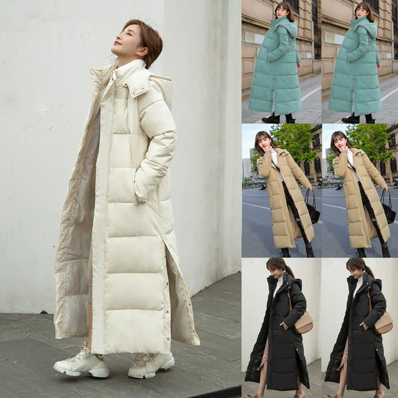 Meichang Womens Winter Coats with Detachable Hooded Long Puffer Coats Classic Solid Zip Up Side Slit Hem Outerwear Warm Thickened Long Down Jackets with Pockets