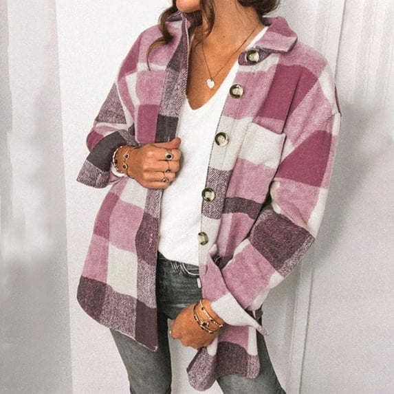 Meichang Woolen Jacket for Women 2023 Fall Button Down Plaid Coat Lapel Open Front Shirt Jacket Side Slit Jacket with Pockets