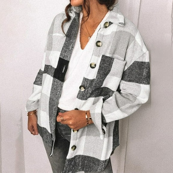Meichang Woolen Jacket for Women 2023 Fall Button Down Plaid Coat Lapel Open Front Shirt Jacket Side Slit Jacket with Pockets