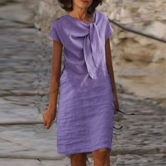 Meichang Work Dresses for Women Summer Elegant Crew Neck Tie Linen Dresses Solid Short Sleeve Loose Fit Knee Length Dresses Casual Lightweight Summer Midi Dresses Purple XXL