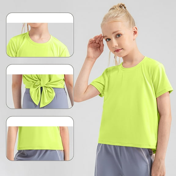 Meichang Workout Tops for Kids Short Sleeve Slit Hem Back Athletic T Shirts Basic Tees Casual Crew Neck Running Gym Tshirts Green 4 Years