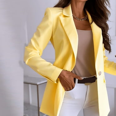 Meichang Yellow Blazer for Women Business Casual Long Sleeve Suit Lapel Button Cardigan Solid Slim Jacket Work Office Jacket