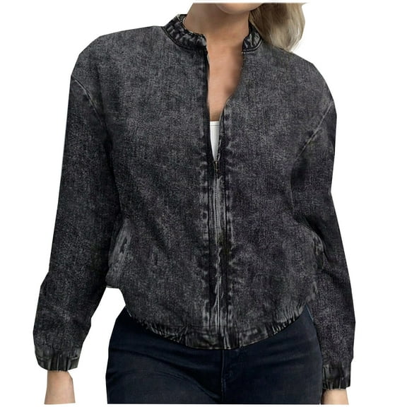 Meichang Zip Up Jean Jacket Women Classic Long Sleeve Strand Collar Distressed Washed Denim Jacket Fall Streetwear Jacket Y2K Coat with Pockets Black M