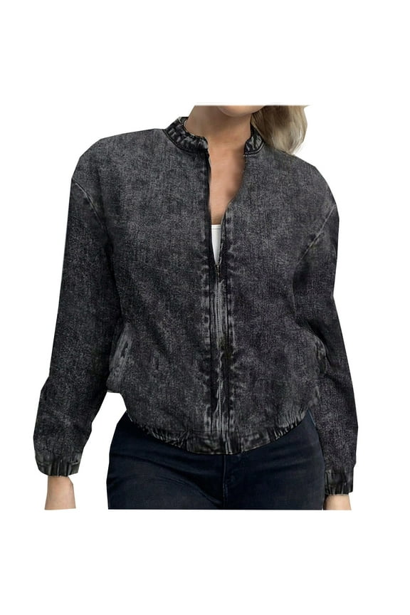 Zip Up Jean Jacket Women Classic Long Sleeve Strand Collar Distressed Washed Denim Jacket Fall Streetwear Jacket Y2K Coat with Pockets Black M