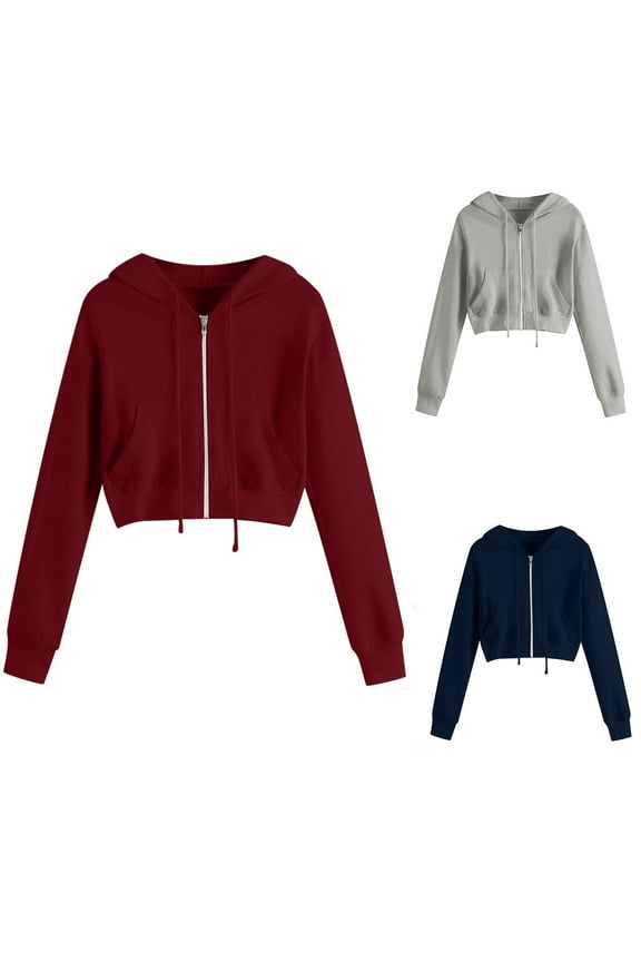 Zip Up Hoodie Women Cropped Casual Sweatshirts Workout Long Sleeve Drawstring Hooded Jacket Crop Tops with Pockets