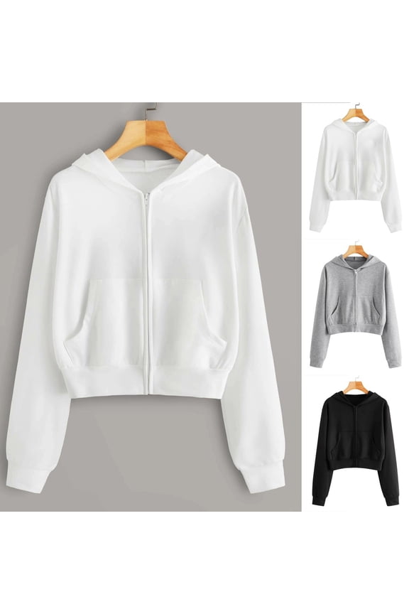 Zip Up Hoodie Women Workout Long Sleeve Cropped Jacket Solid Drawstring Hooded Sweatshirt Fall Loose Fit Hoodies Jacket Coat with Pockets