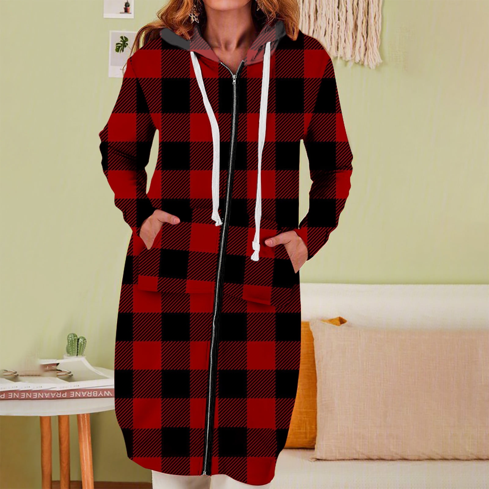 Meichang Zip Up Shacket for Women Long Sleeves Plaid Print Shirt Jacket  Long Drawstring Coat with Hood & Kangaroo Pockets Fall Deals