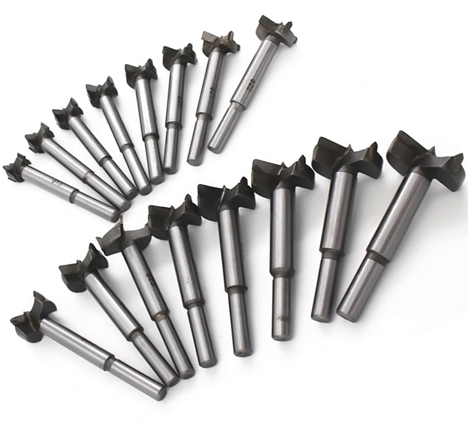 Meichoon Forstner Drill Bit Set 15-35mm 16 Pcs, Carbide Forstner Bits High Speed Steel Wood Tool Punching Bit Wood Slabs Flat Wing Drilling Hole Hinge Cemented Carbide Drilling Counterbore DC01
