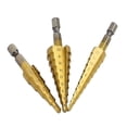 thumbnail image 1 of Meichoon HSS Step Drill Bit Set 3 Pcs 3-12mm/4-12mm/4-20mm, Titanium Coated Drilling Tool Multi-Functional Hex Shank DC06, 1 of 3