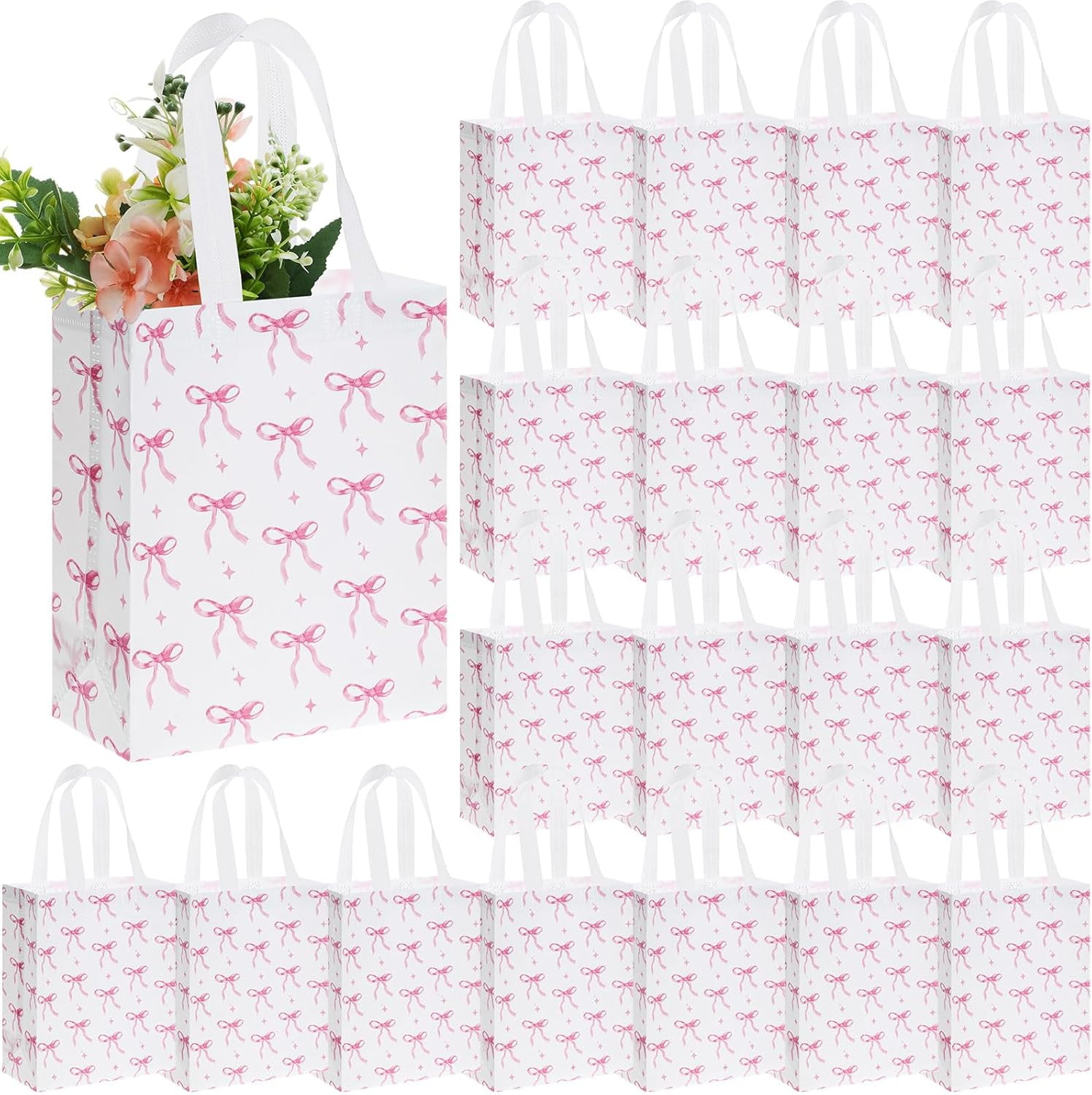 Honeydak 24-Pack Pink Coquette Bow Gift Bags – Non-Woven Fabric Treat Bags With Handles For Parties