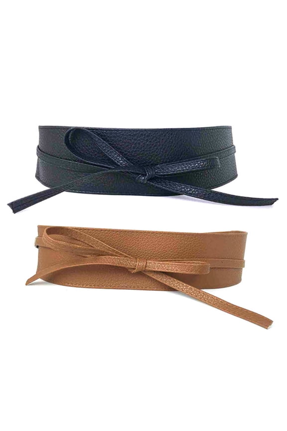 2 Pcs/Set Womens Faux Leather Wide Cinch Belt Waistband Lace Up Wrap Around Obi Bowknot