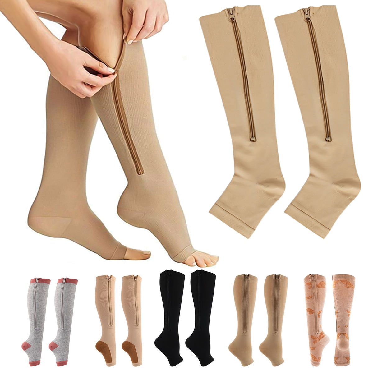 Meidiya 2Pcs Zipper Compression Socks with Zip Guard Skin Protection