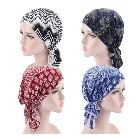 Meidiya 4Pcs Pre Tied Chemo Head Scarf for Women Printed Beanie Skull Cover Cap Women's Ethnic Style Print Turban Headwear