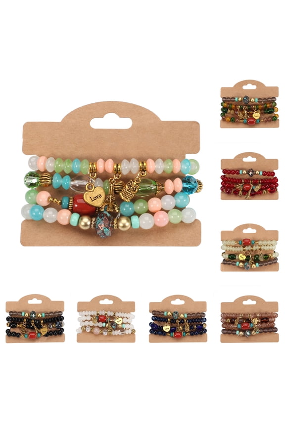 4Pcs/Set Bohemian Stackable Beads Bracelets for Women Boho Multilayer Stretch Bracelet Set Statement Tassel Pendant Bohemia Beads Bangles Jewelry