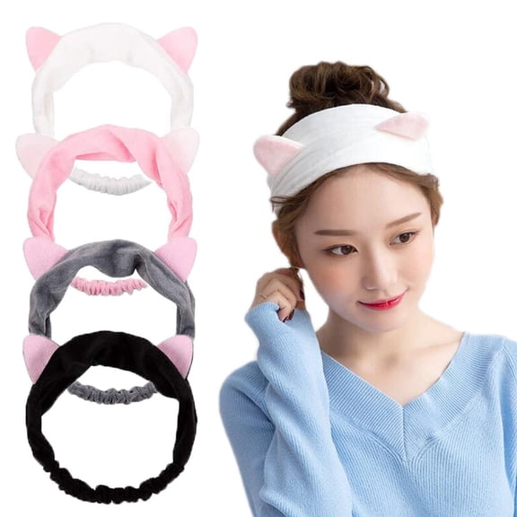 Meidiya 4Pcs/Set White Cat Headband Spa Headband for Washing Face Makeup Shower Bath Korean Skincare Cosmetic Headwraps Headband