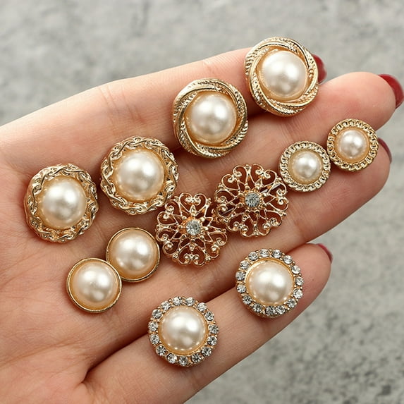 Meidiya 6 Pairs Stud Earrings Round Shiny Rhinestone Inlaid Electroplating All Match Decoration Gift Faux Pearl Flower Women Ear Studs Jewelry for Dating