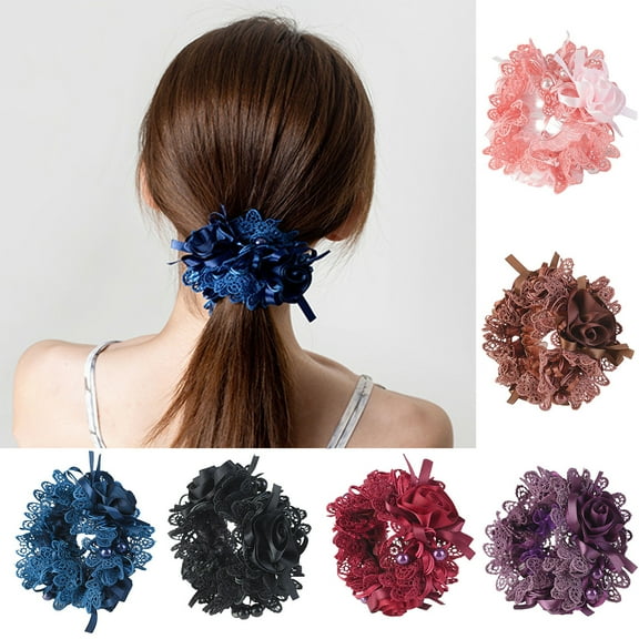 Meidiya 6Pcs Elegant Lace Scrunchies Hair Ties for Women Girls,Stylish Lace Flower Scrunchy Hairtieswith Pearl for Thick Curl Hair Accessories Soft Ropes Ponytail Holder