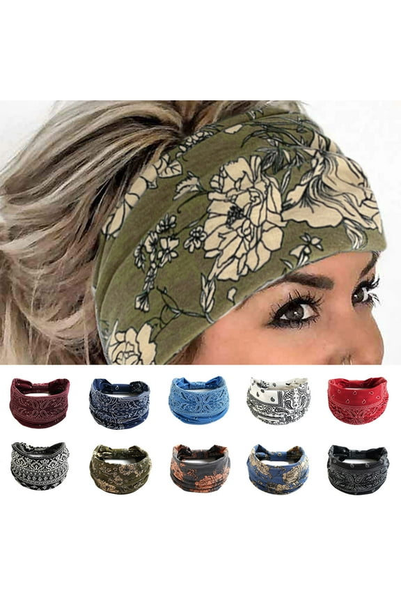 Boho Flower Print Wide Bandana Knot Headbands Women Criss Cross Head Wrap Hair Band,Cotton Absorb Sweat Headband for Sports