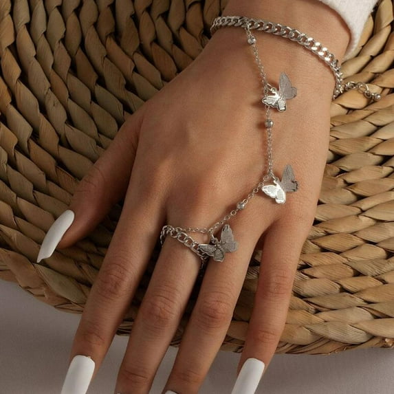Meidiya Dainty Finger Ring Link with Butterfly Bracelet Bangle Simple Trendy Retro Style Butterfly Pendant Chain Link Adjustable Bracelet Prom Birthday Party