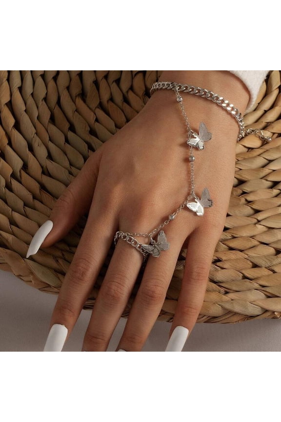Dainty Finger Ring Link with Butterfly Bracelet Bangle Simple Trendy Retro Style Butterfly Pendant Chain Link Adjustable Bracelet Prom Birthday Party