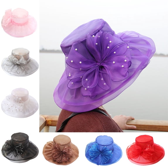 Meidiya Double-layer Women Elegant Sun Hats Organza Wide Brim Church Hat Pearl Flower Decor Wedding Derby Party Beach Hat