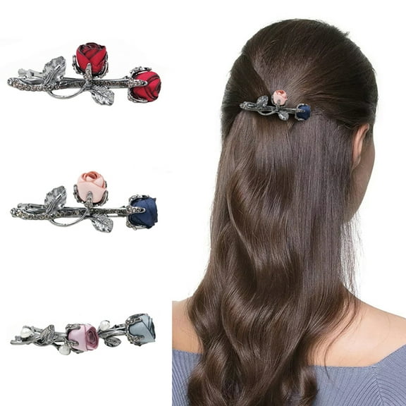 Meidiya Elegant Rhinestones Rose Flower Metal Hair Clips Hair Barrette Ponytail Holder Slide Clips Hair Jewelry for Wedding,Party (Red)